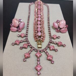 Vintage Set Unsigned Pink Givre Milk Glass Necklace Earrings Bracelet